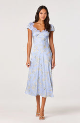 Inixyf Makaela Puff Sleeve Floral Satin Midi Dress