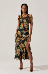 Lbruh Alinta Floral Ruffle Cowl Neck Midi Dress
