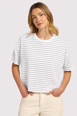 Soft Cotton Striped Boxy Tee | White/Mocha