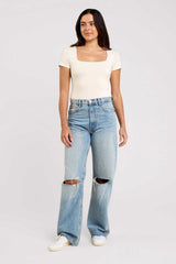 Cotton Stretch Short Sleeve Square Neck Bodysuit | Heather Bone