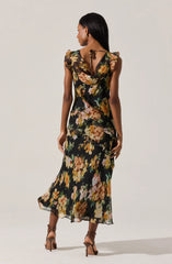 Lbruh Alinta Floral Ruffle Cowl Neck Midi Dress