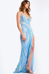 47710 - Jovani - Sequin Gown with Fringe Detail in Light Blue