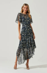 Inixyf Flutter Sleeve Floral Asymmetric Maxi Dress