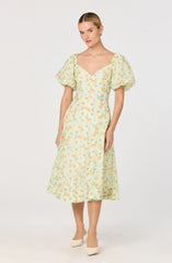 Inixyf Mayra Floral Plissé Puff Sleeve Midi Dress