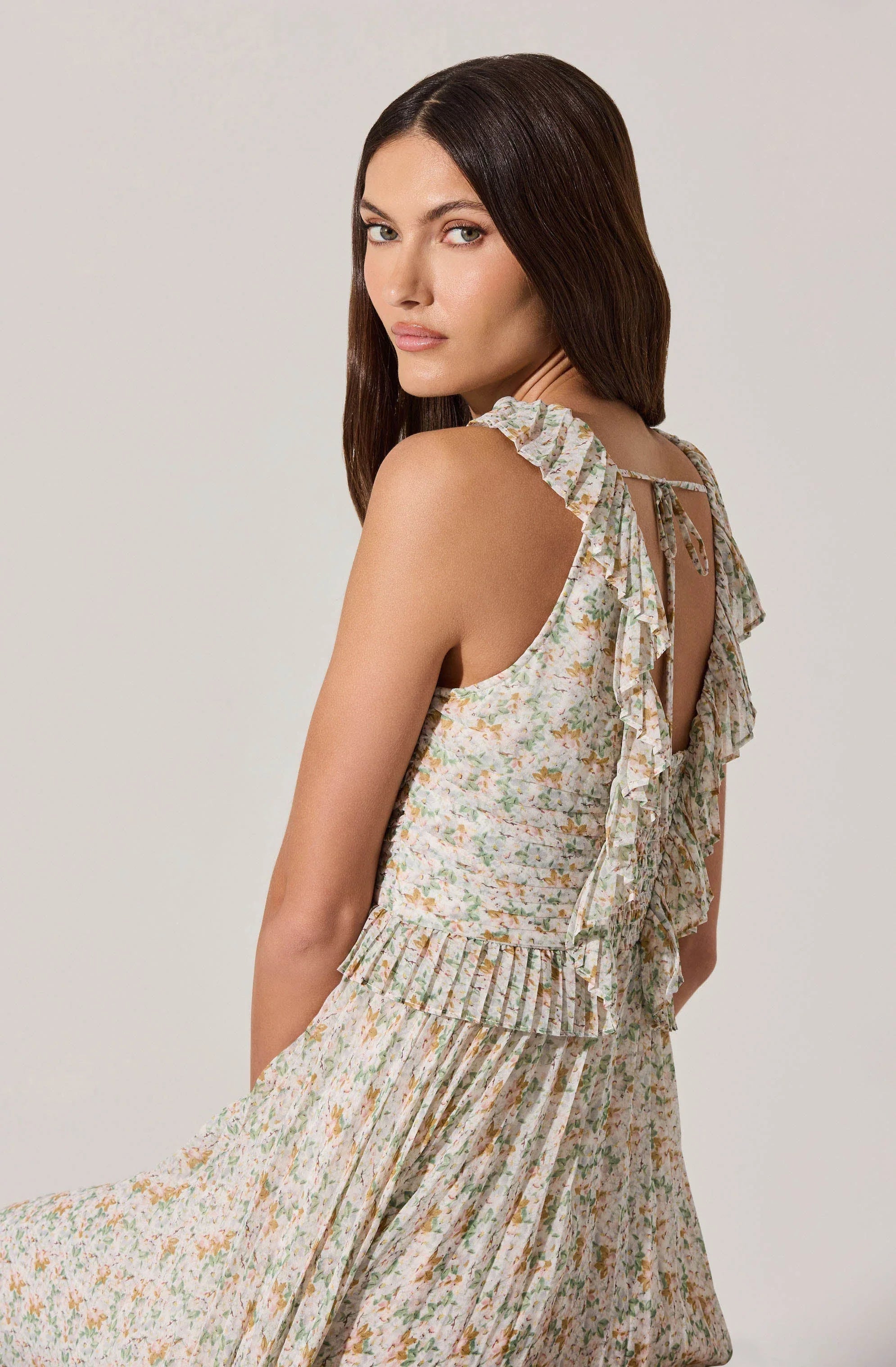 Lbruh Floral Ruffle Pleated Midi Dress