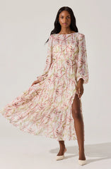 Lbruh Pleated Chiffon Floral Midi Dress
