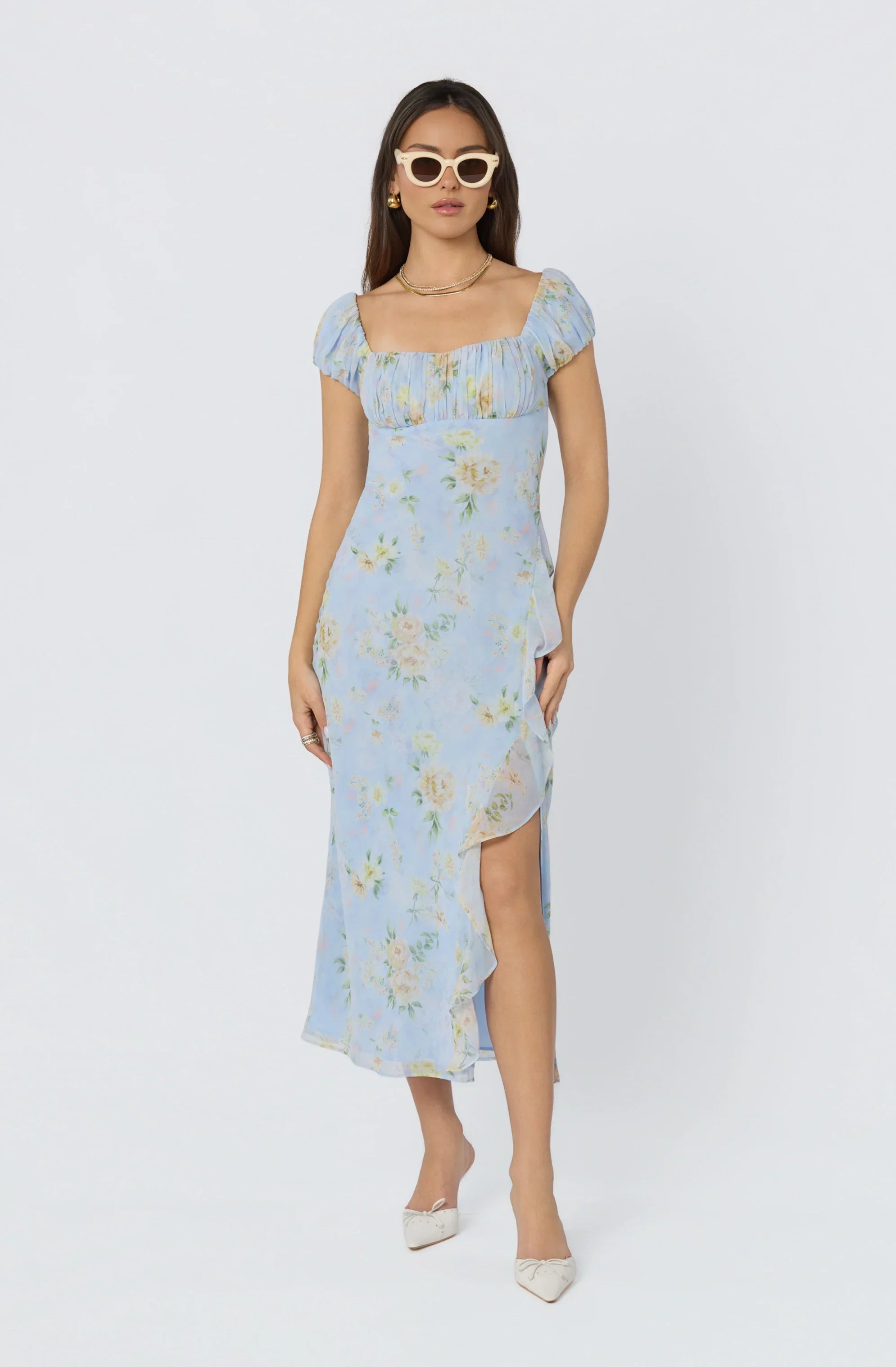 Inixyf Florence Floral Puff Sleeve Midi Dress