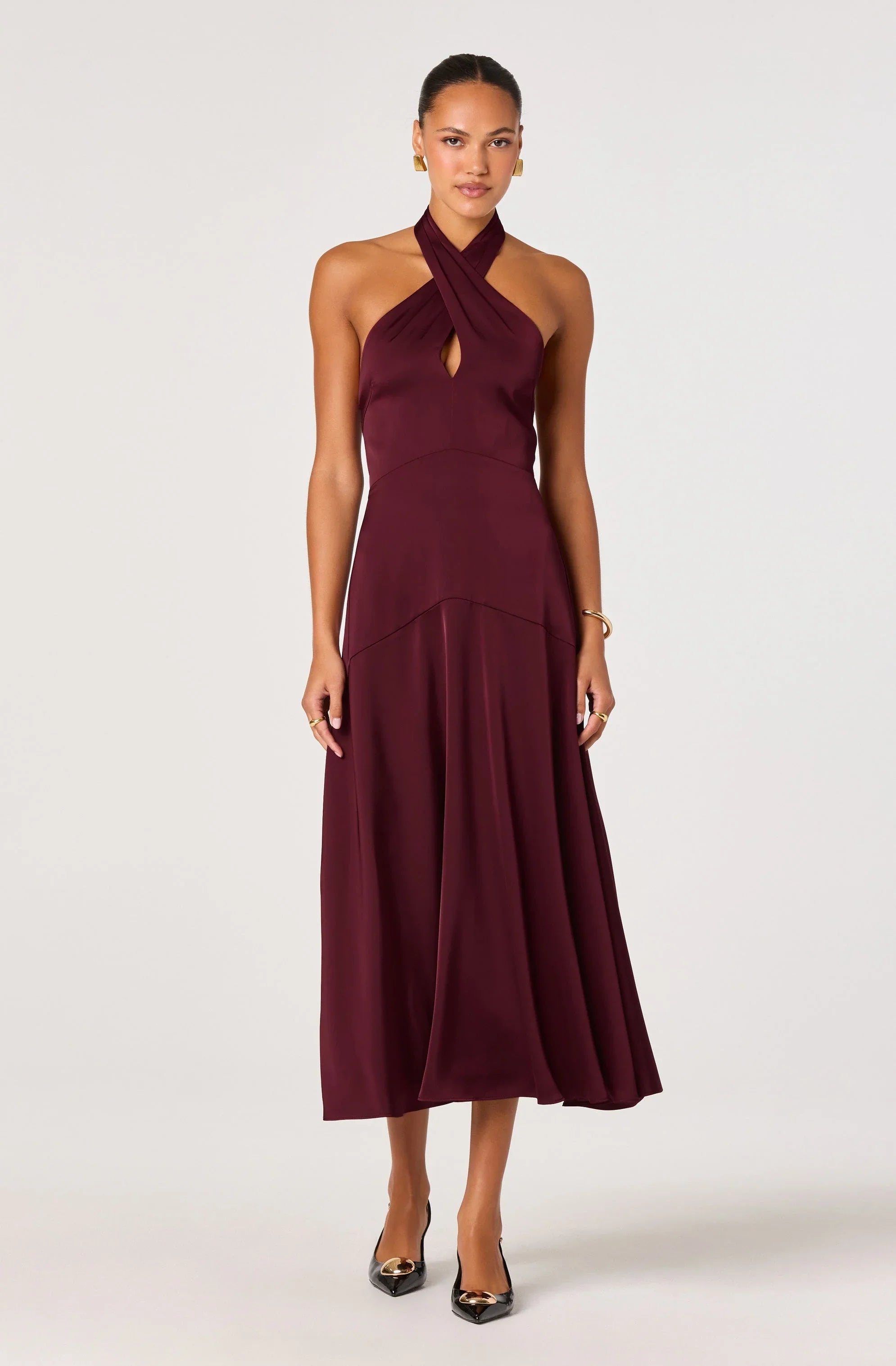 Lbruh Satin Crossover Halter Midi Dress