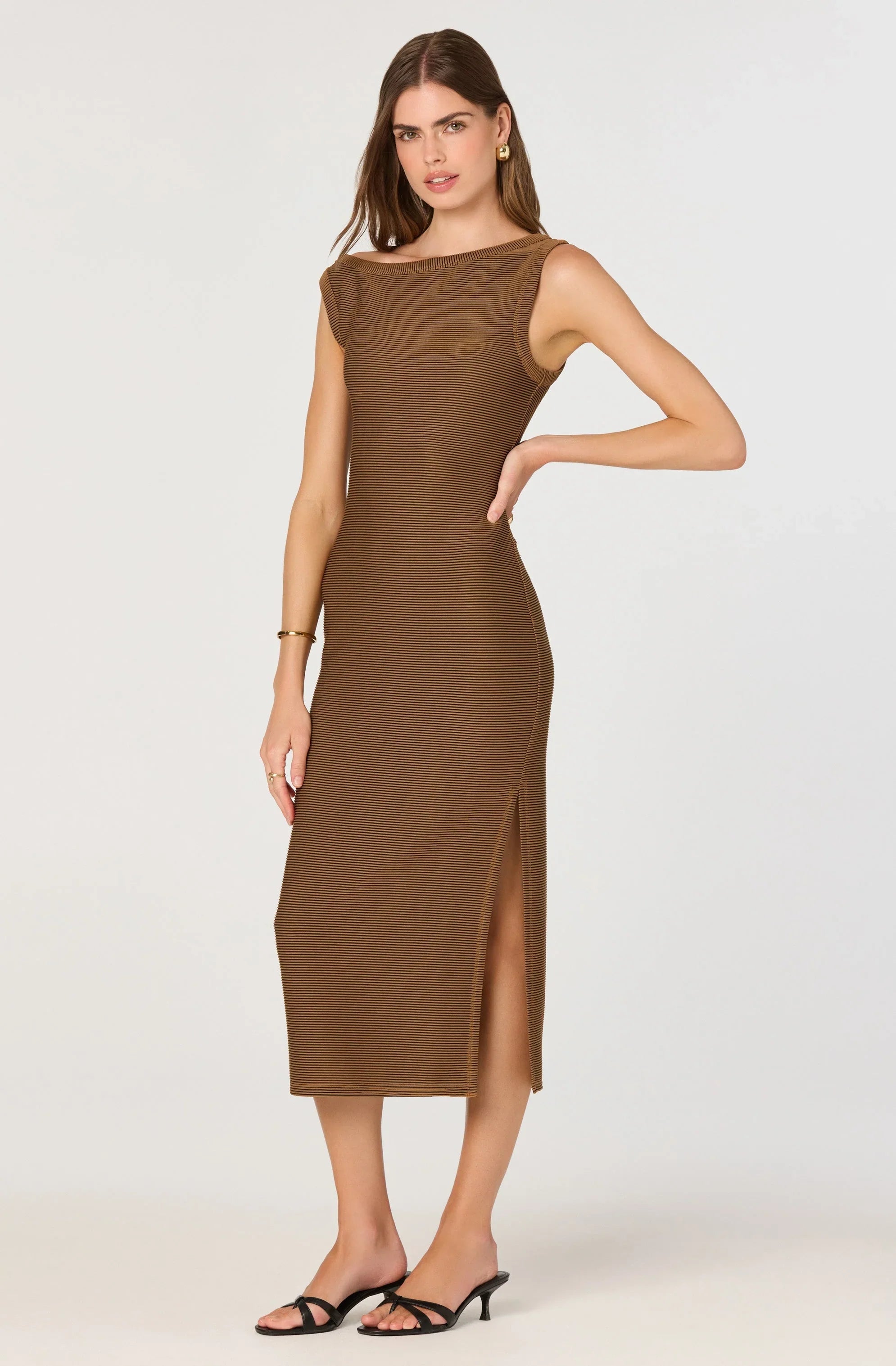 Lbruh Off Shoulder Ribbed Knit Midi Dress