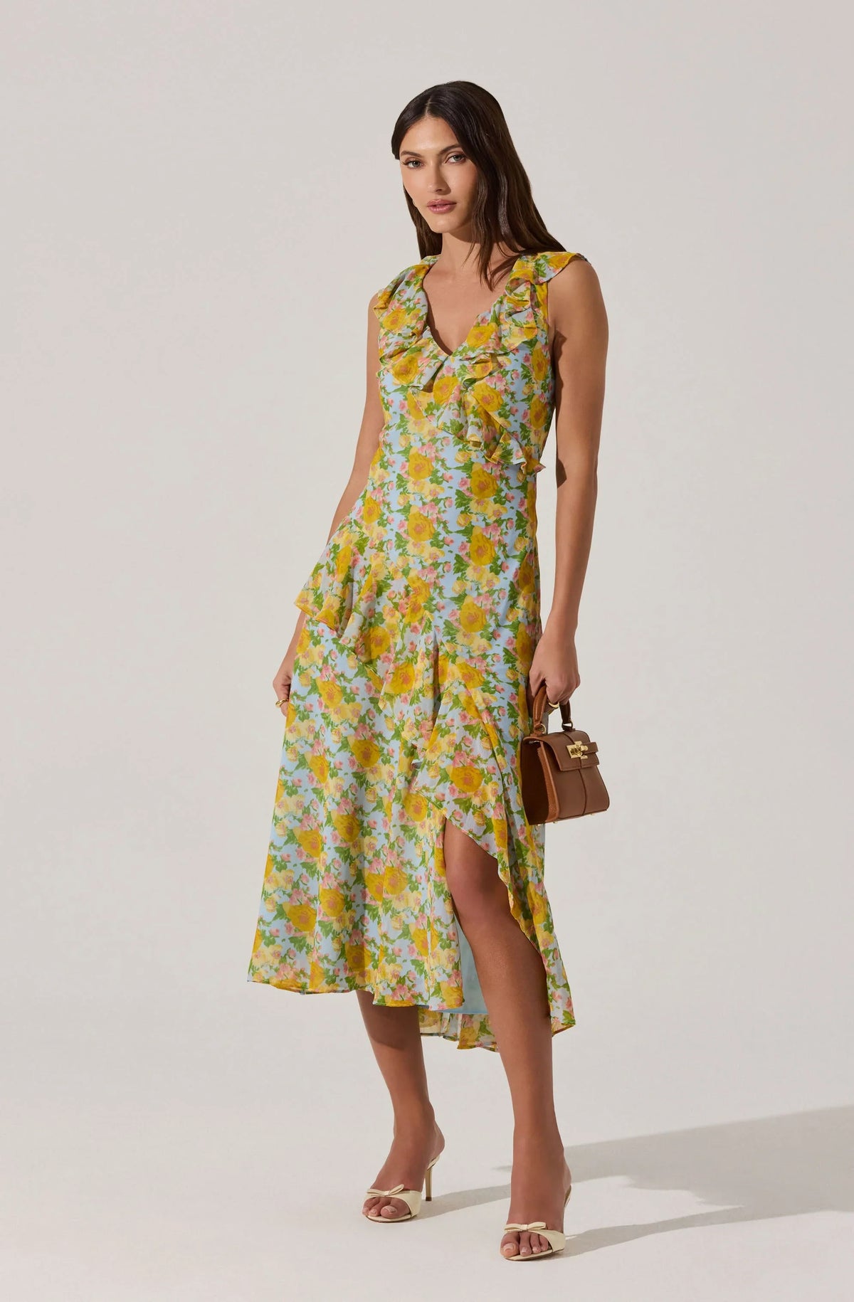 Lbruh V-neck Floral Ruffle Midi Dress