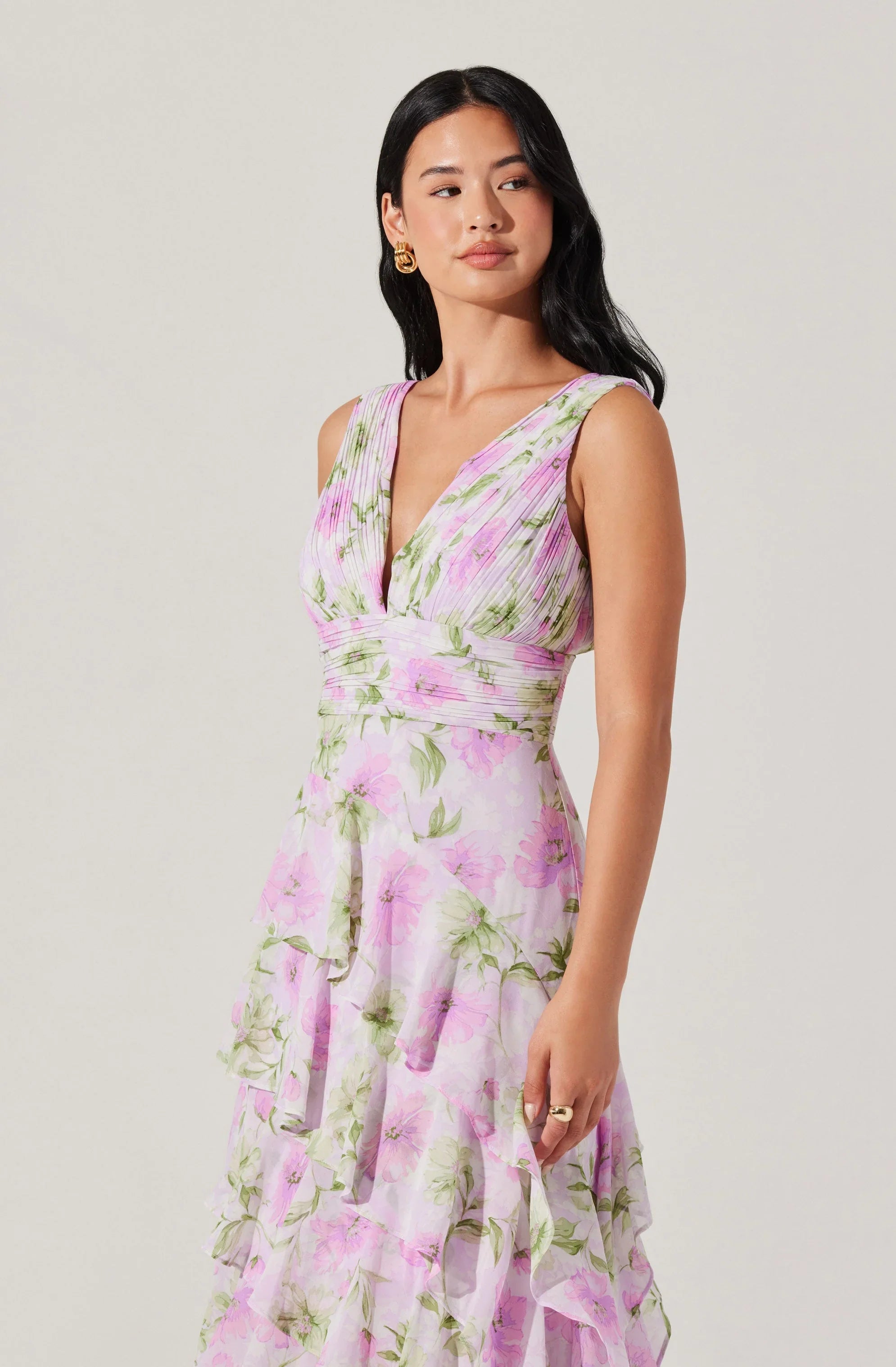 Lbruh Cytherea Asymmetric Floral Ruffle Midi Dress