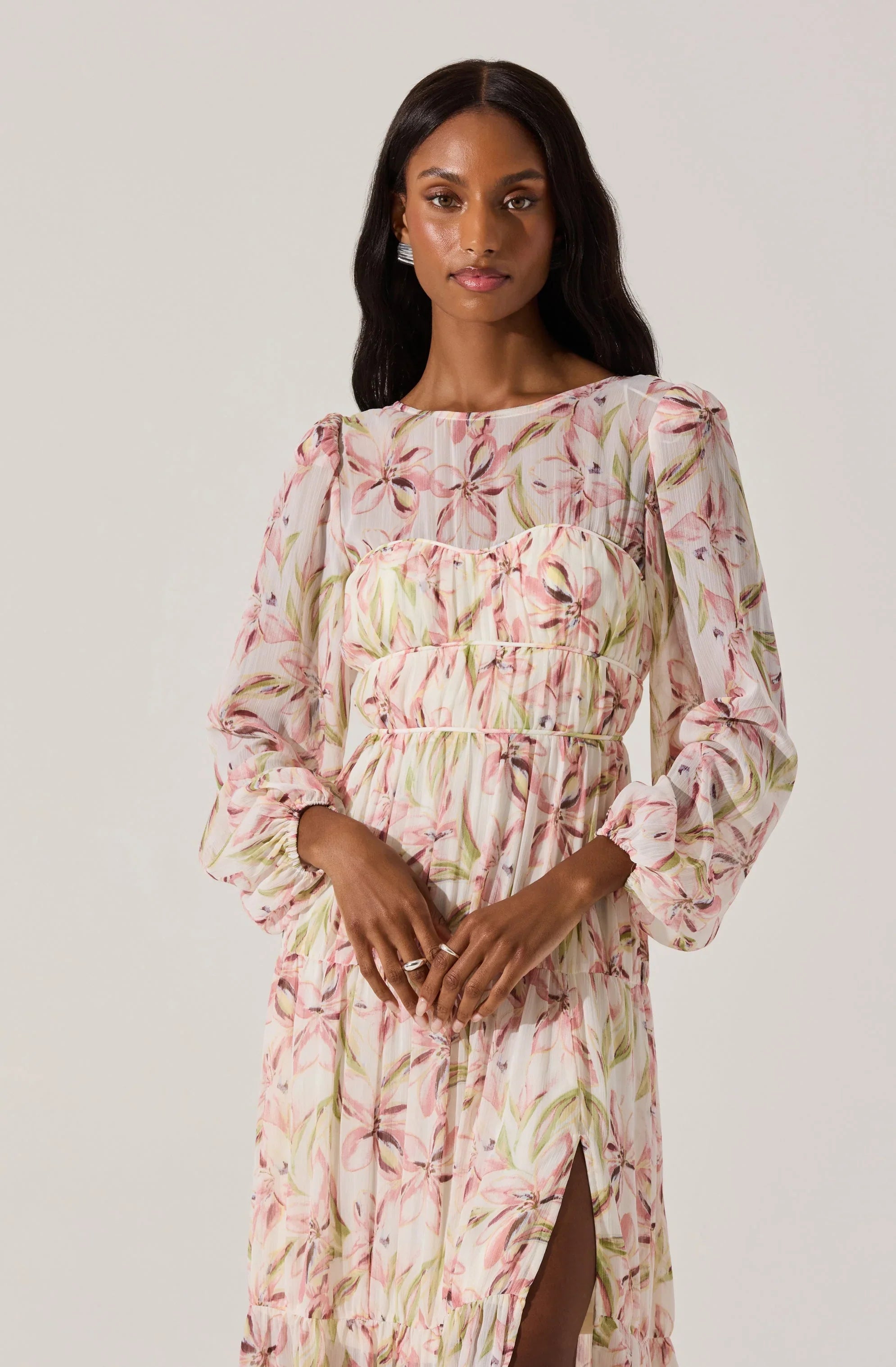 Lbruh Pleated Chiffon Floral Midi Dress