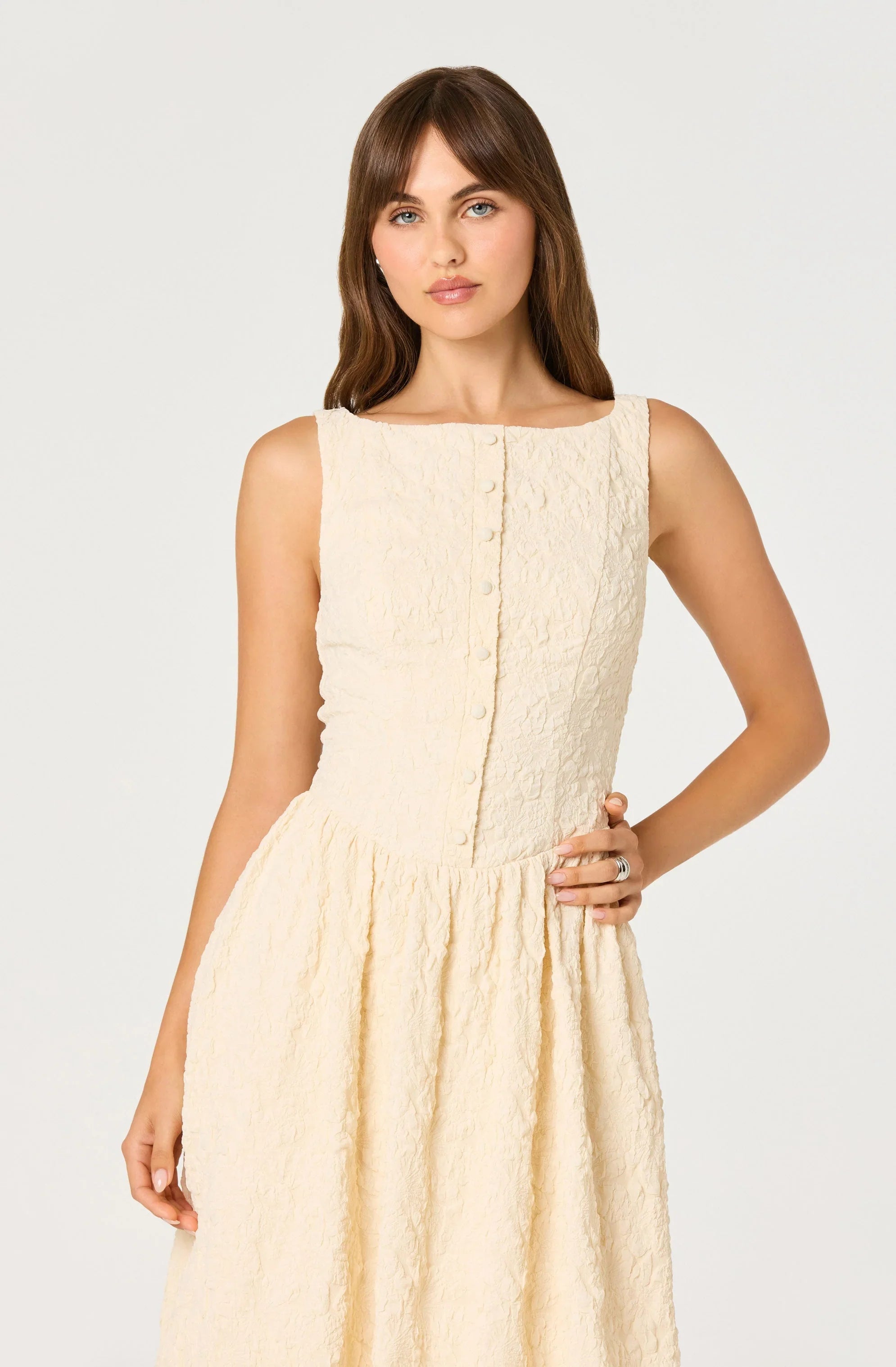 Lbruh Button Front Boat Neck Midi Dress