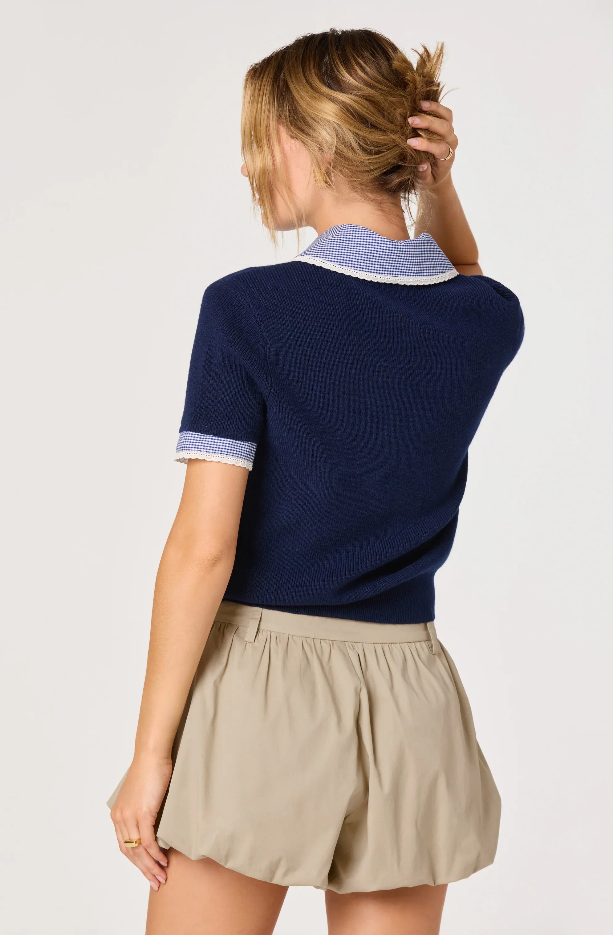 Inixyf Marlee Mixed Media Cardigan with Gingham Collar