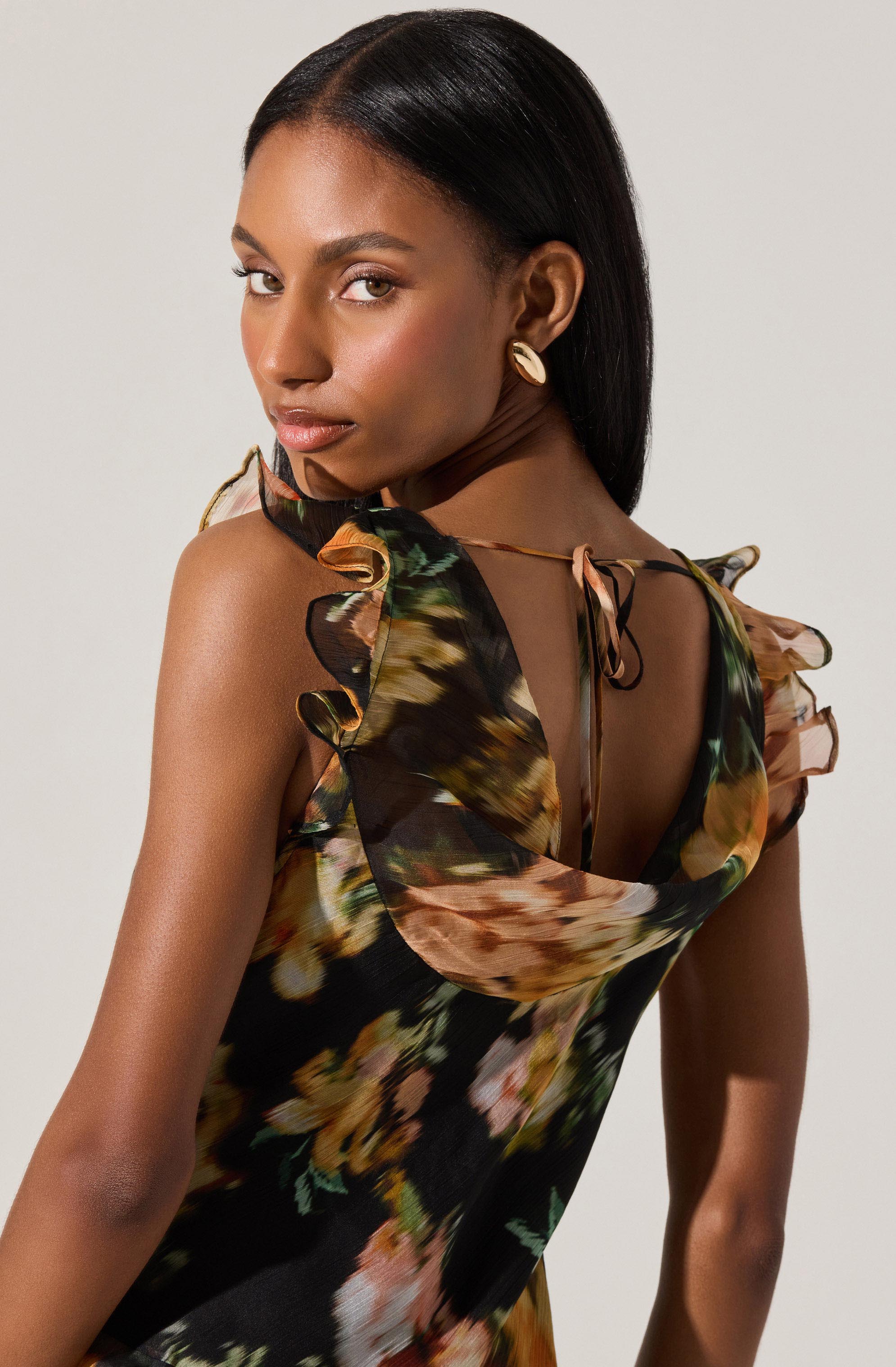 Lbruh Alinta Floral Ruffle Cowl Neck Midi Dress