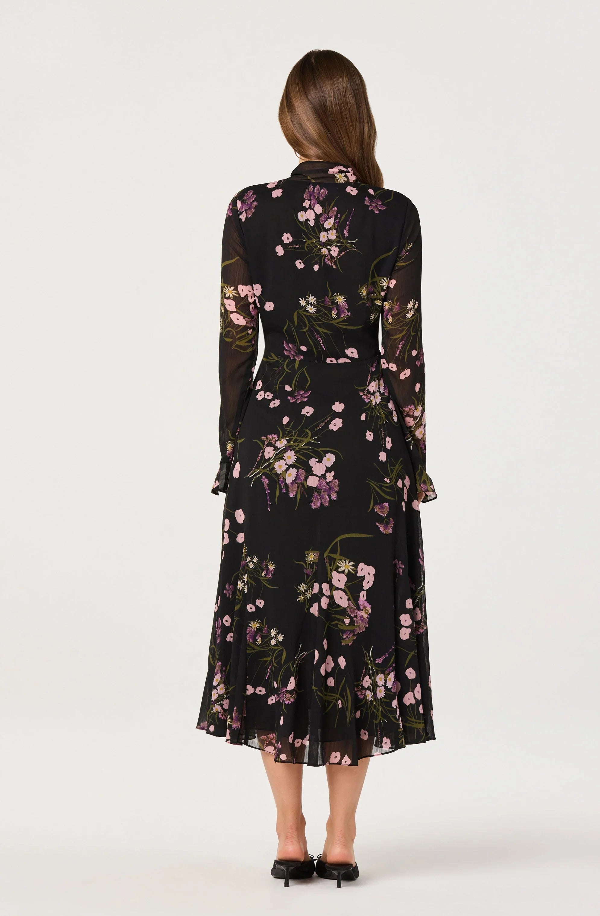 Lbruh Tie-Neck Ruffled Floral Midi Dress
