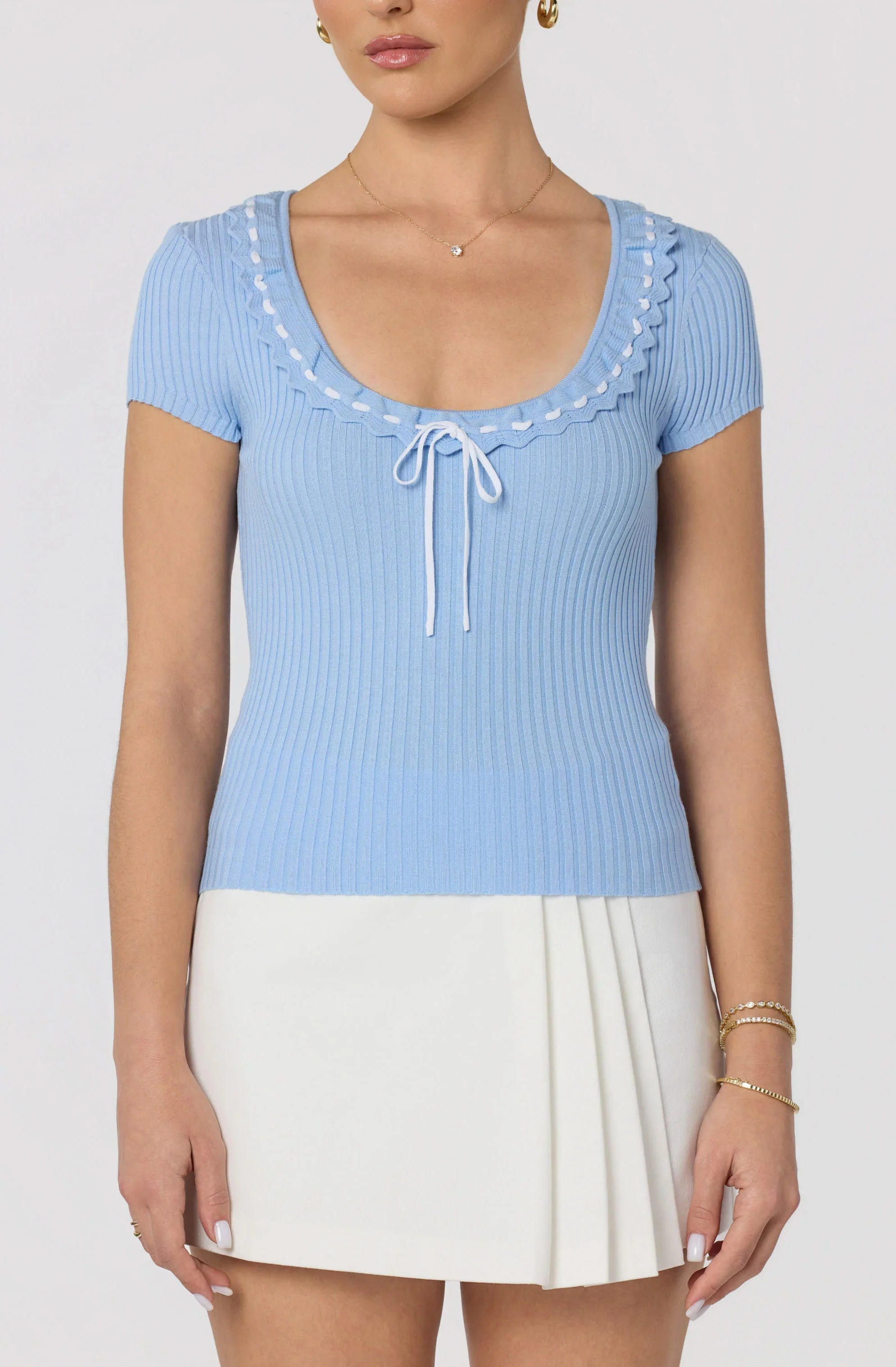 Inixyf Lina Ruffle Trim Ribbed Sweater Top
