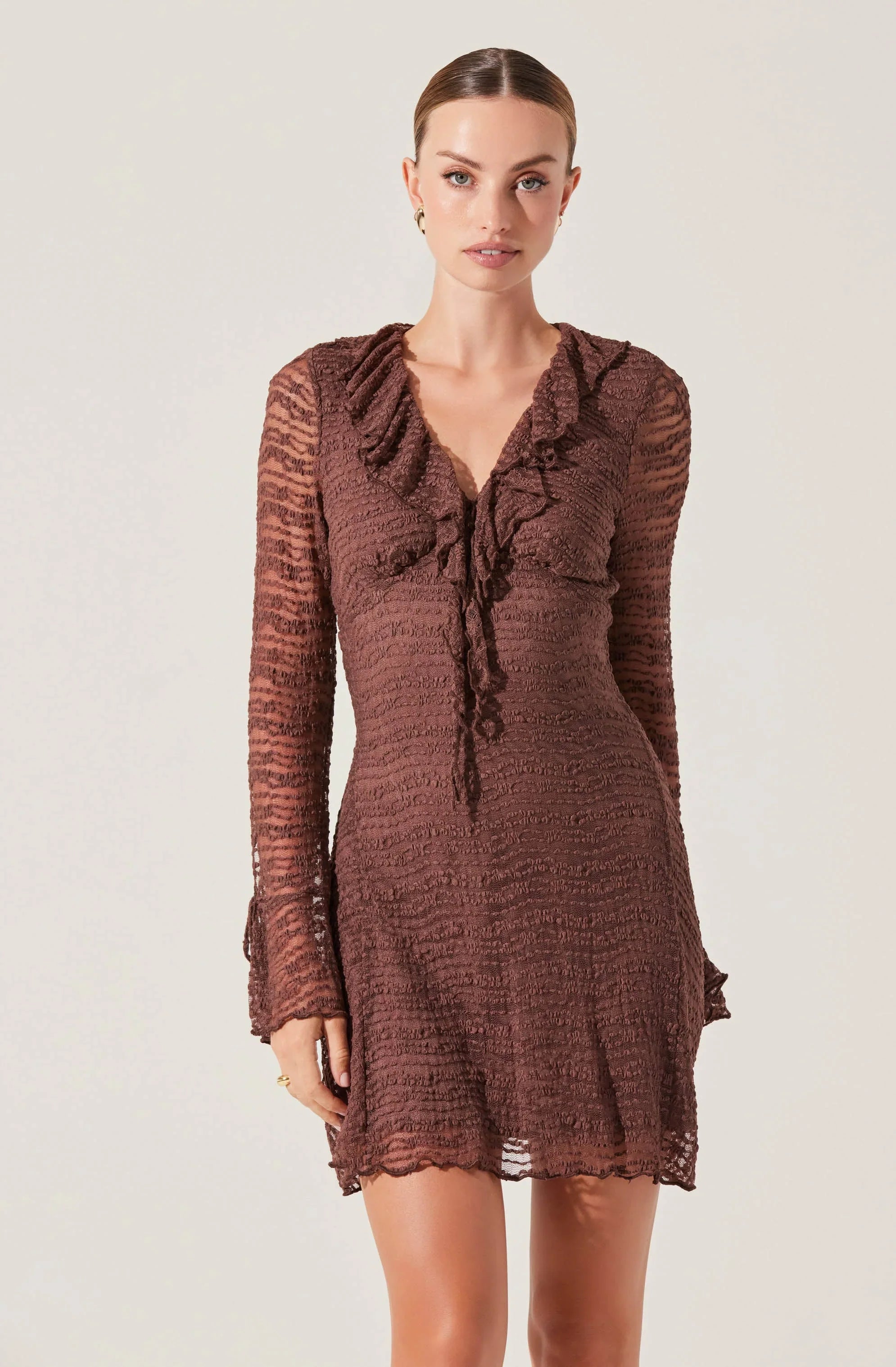 Lbruh Ruffle V-Neck Lace Mini Dress