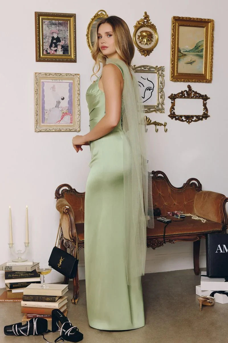 Toby Maxi - Satin Dress with Lace Up Back & Scarf