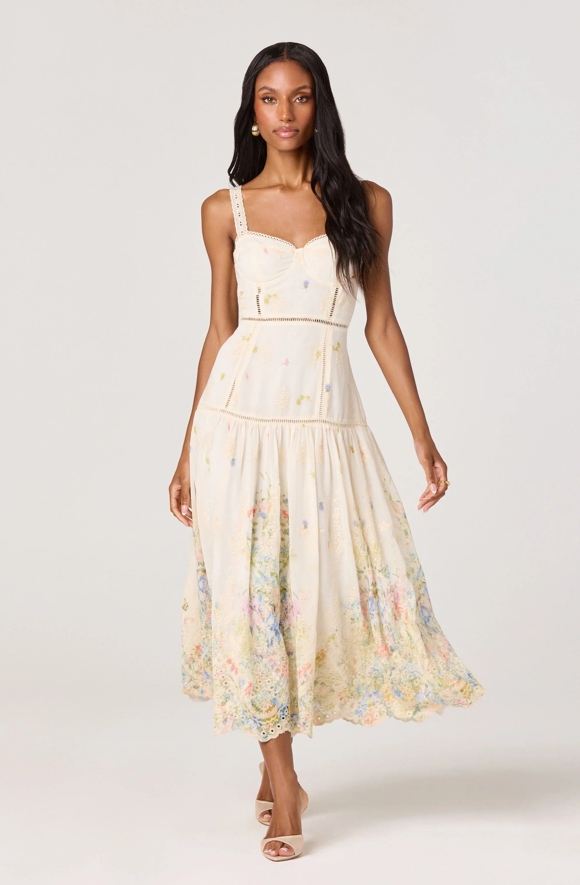 Inixyf Pellagia Embroidered Eyelet Tiered Midi Dress