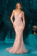A1500 - Floral Beaded Fitted Gown - Andrea & Leo