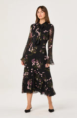 Lbruh Tie-Neck Ruffled Floral Midi Dress