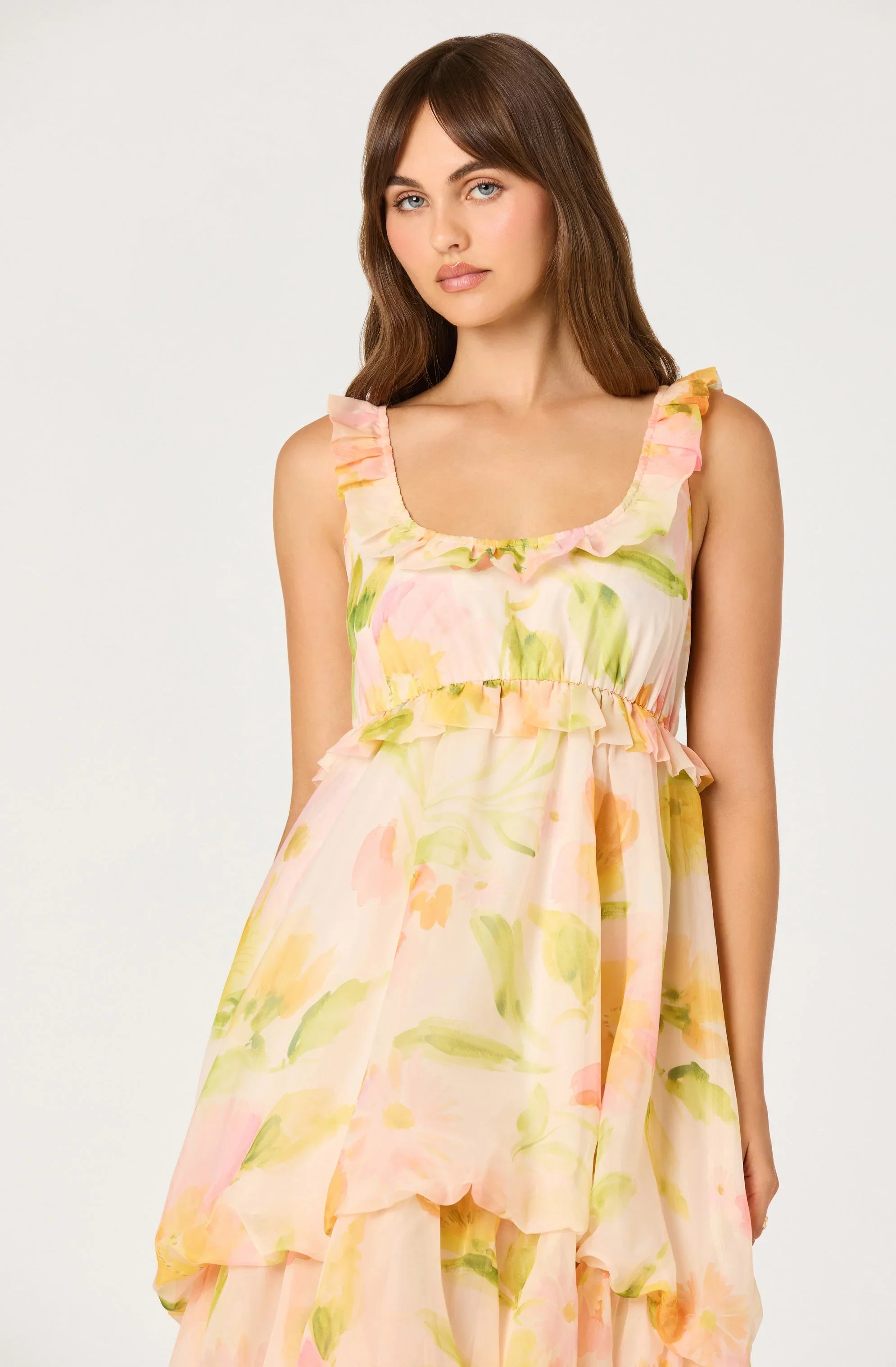 Inixyf Serenidy Floral Ruffle Tiered High-Low Midi Dress