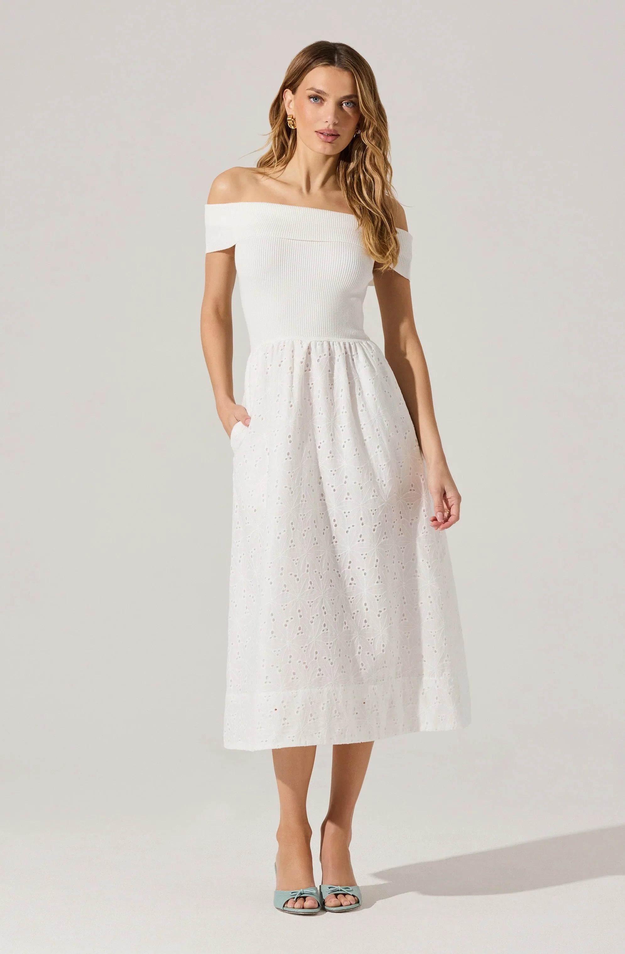 Lbruh Off Shoulder Eyelet Midi Dress