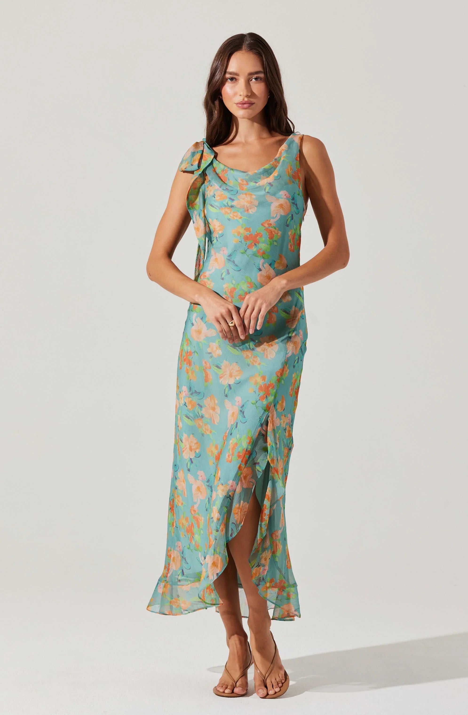 Lbruh Isabelle Ruffled Cowl Neck Floral Midi Dress