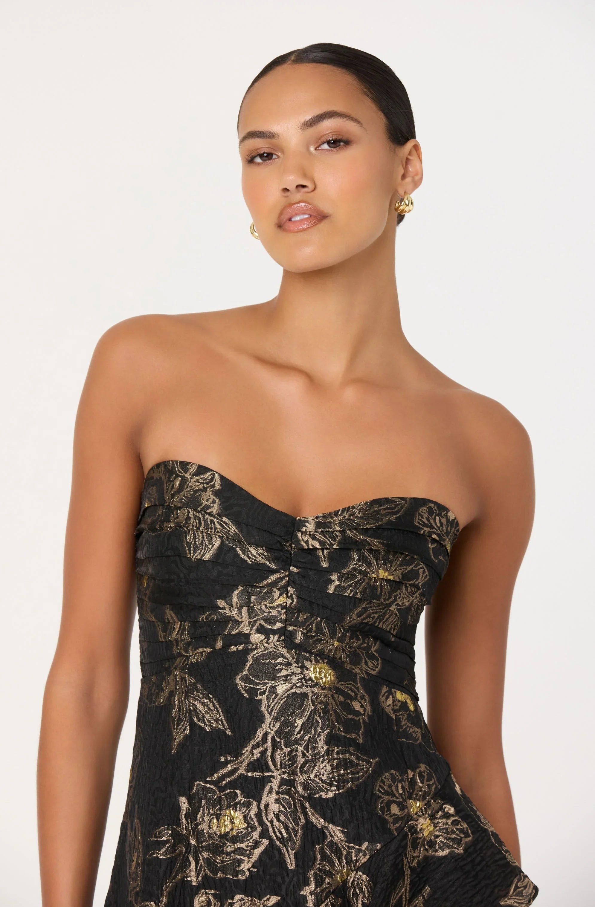 Lbruh Marysia Strapless Metallic Floral Midi Dress