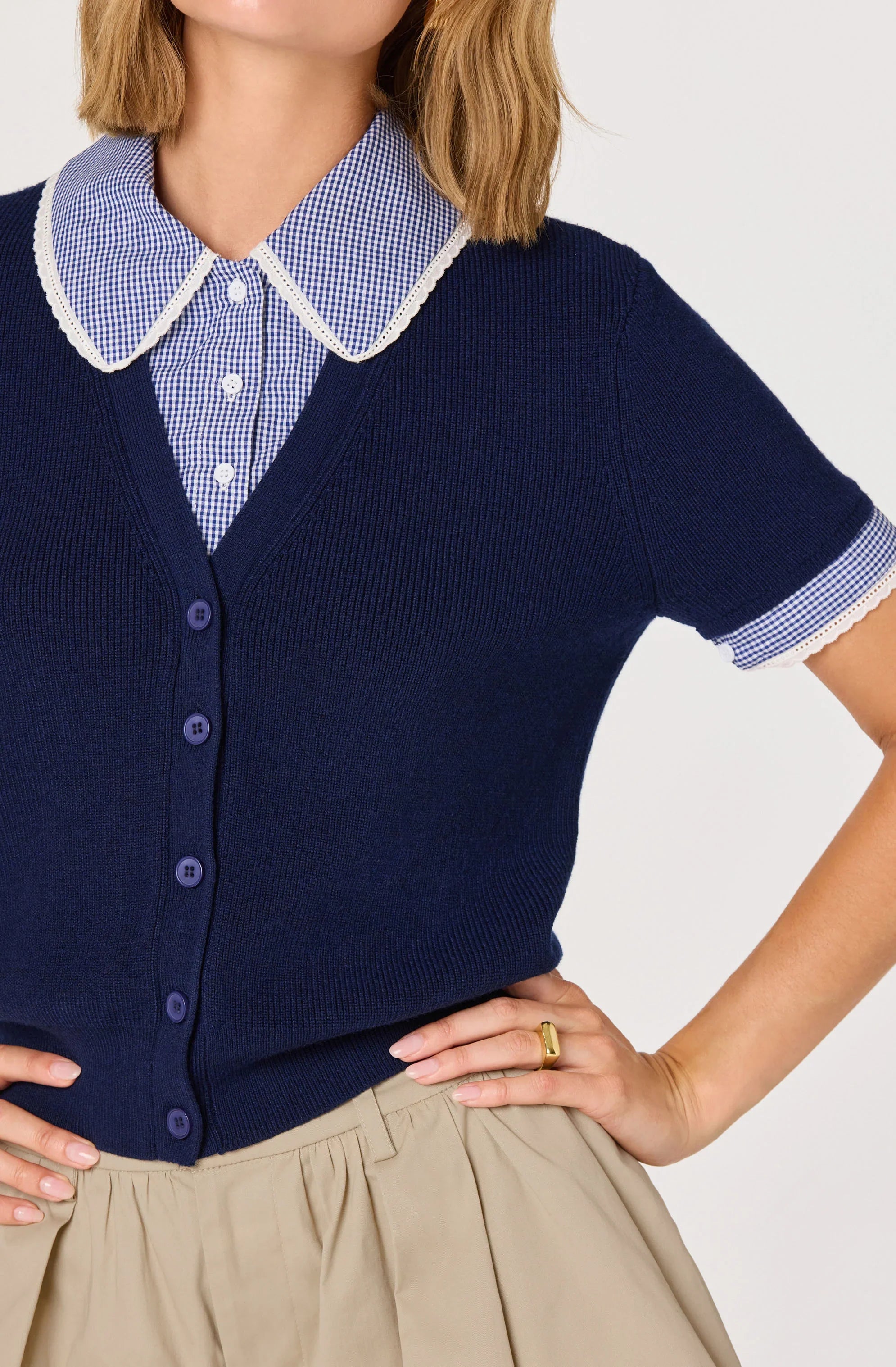 Inixyf Marlee Mixed Media Cardigan with Gingham Collar