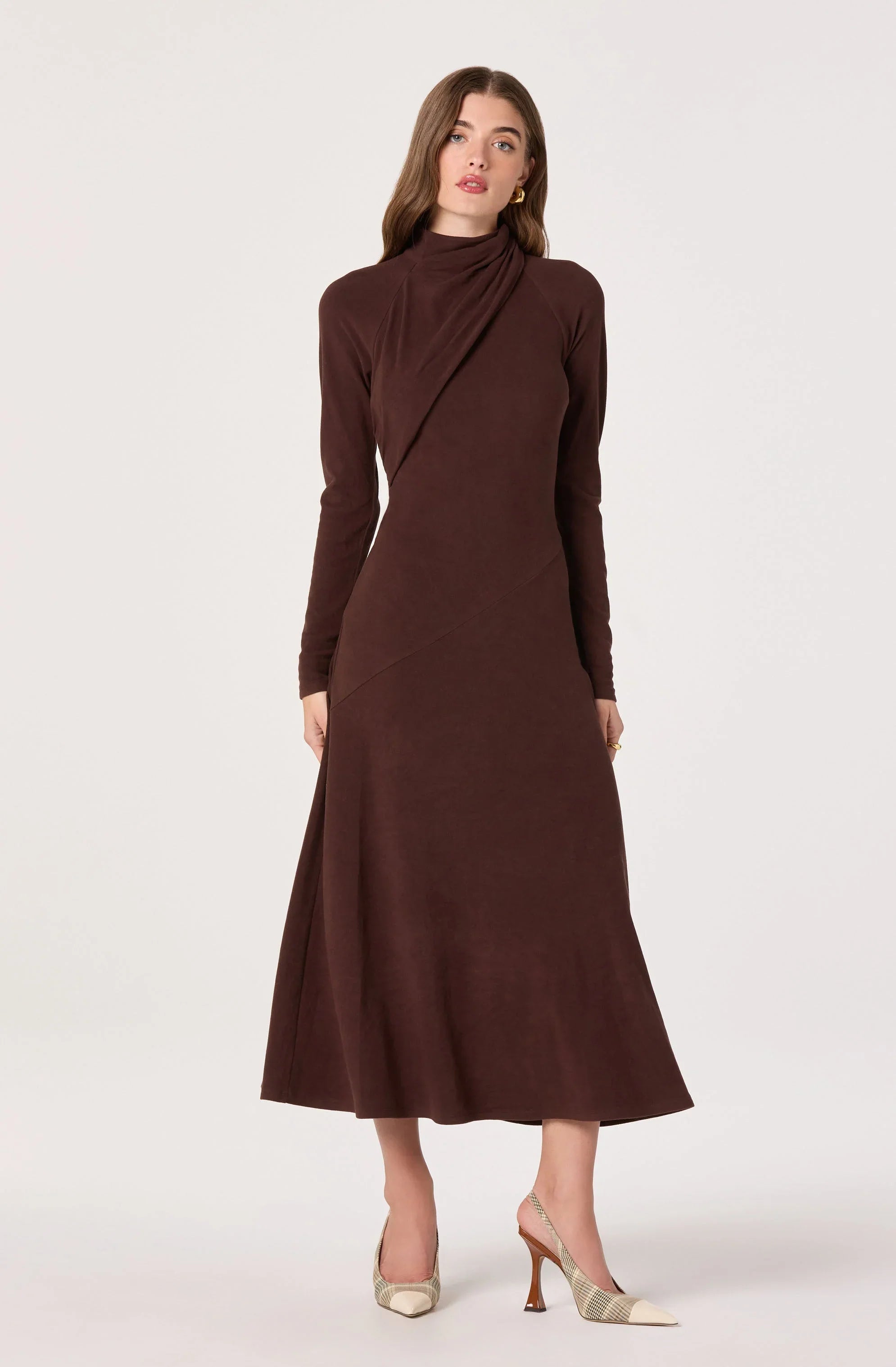 Lbruh Asymmetric Draped Mock Neck Midi Dress