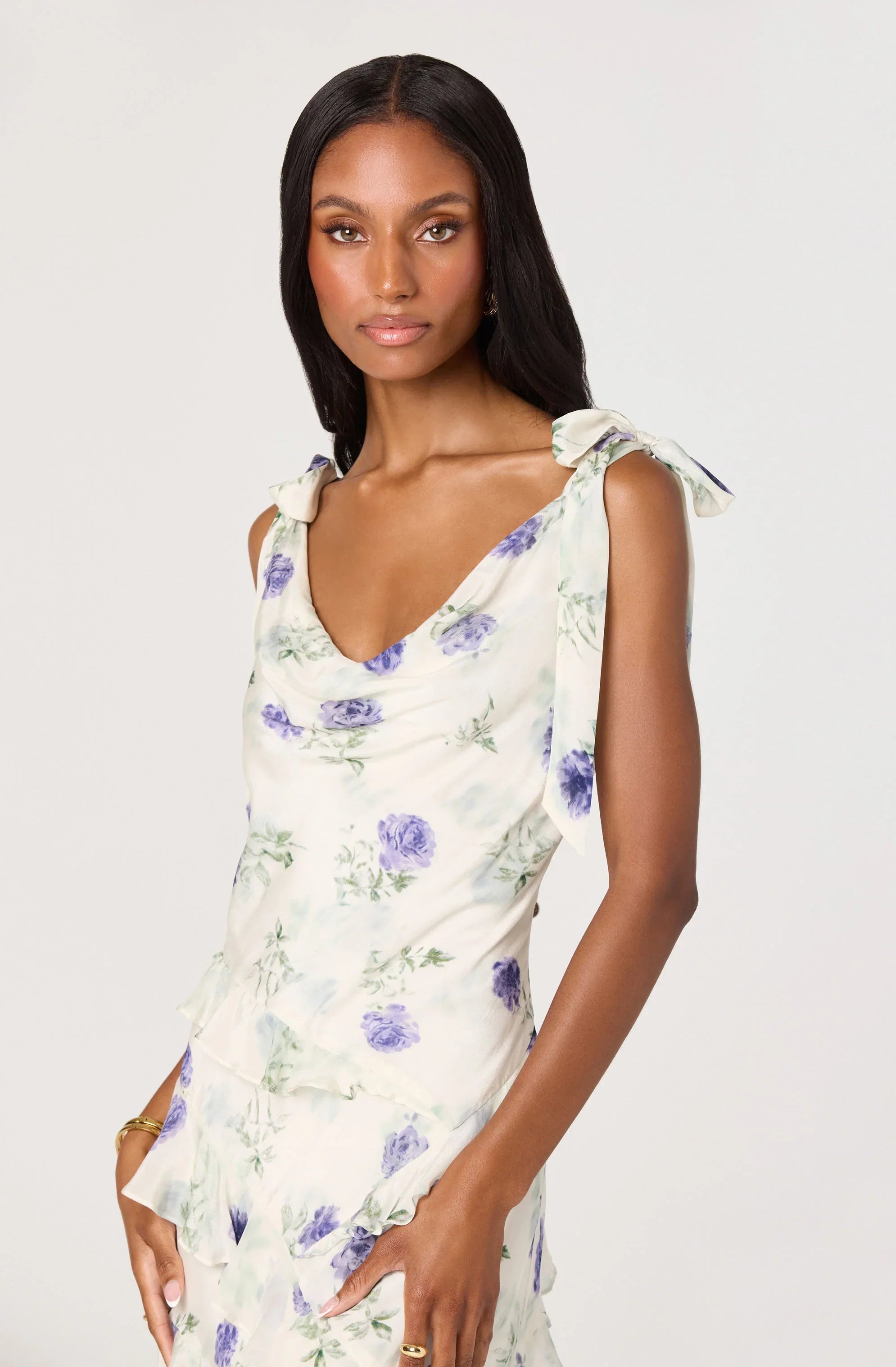 Inixyf Fen Floral Tie-Strap Ruffle Midi Dress