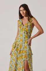 Lbruh V-neck Floral Ruffle Midi Dress