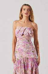 Lbruh Estefany Strapless Pleated Floral Maxi Dress