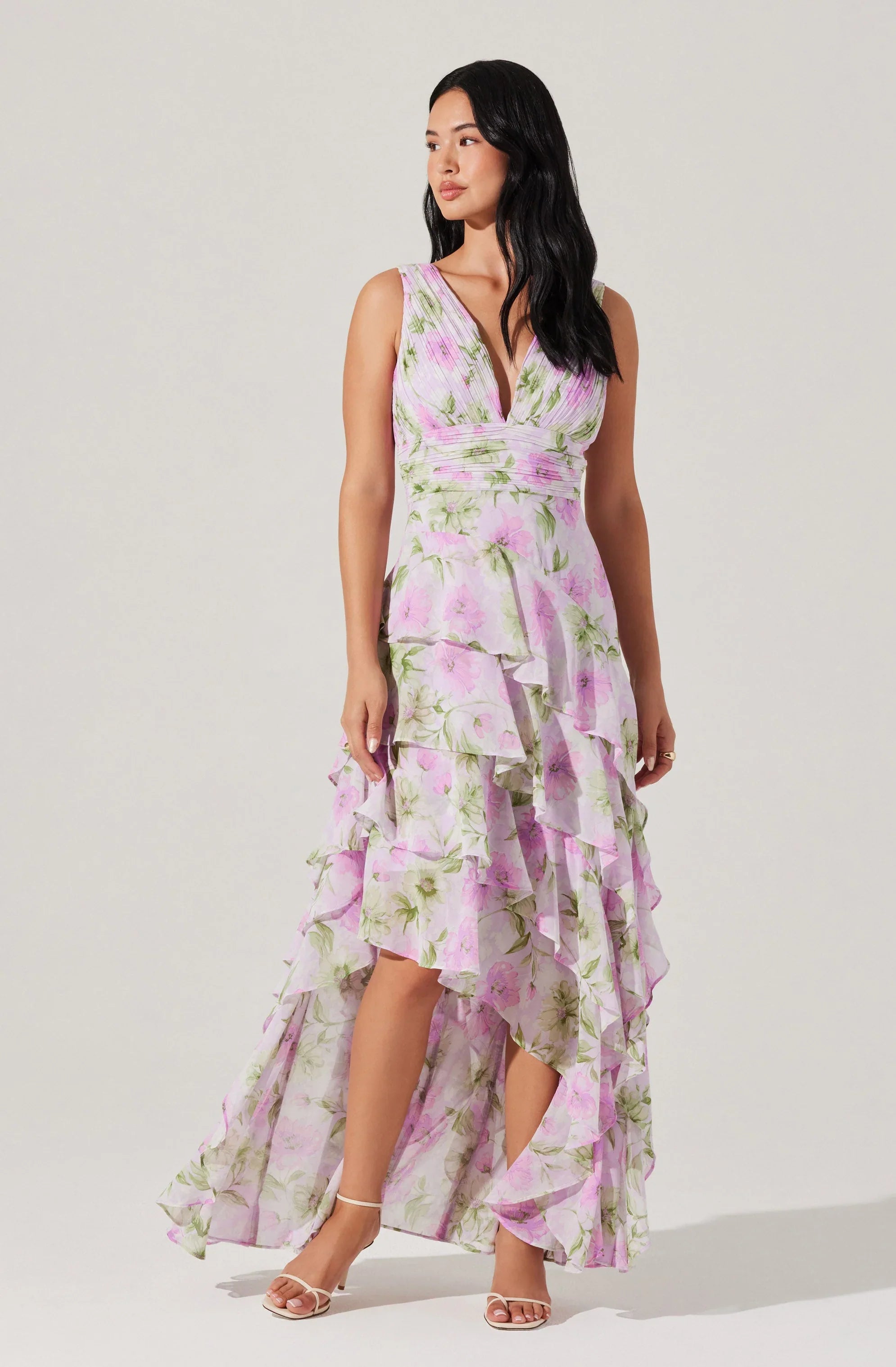 Lbruh Cytherea Asymmetric Floral Ruffle Midi Dress