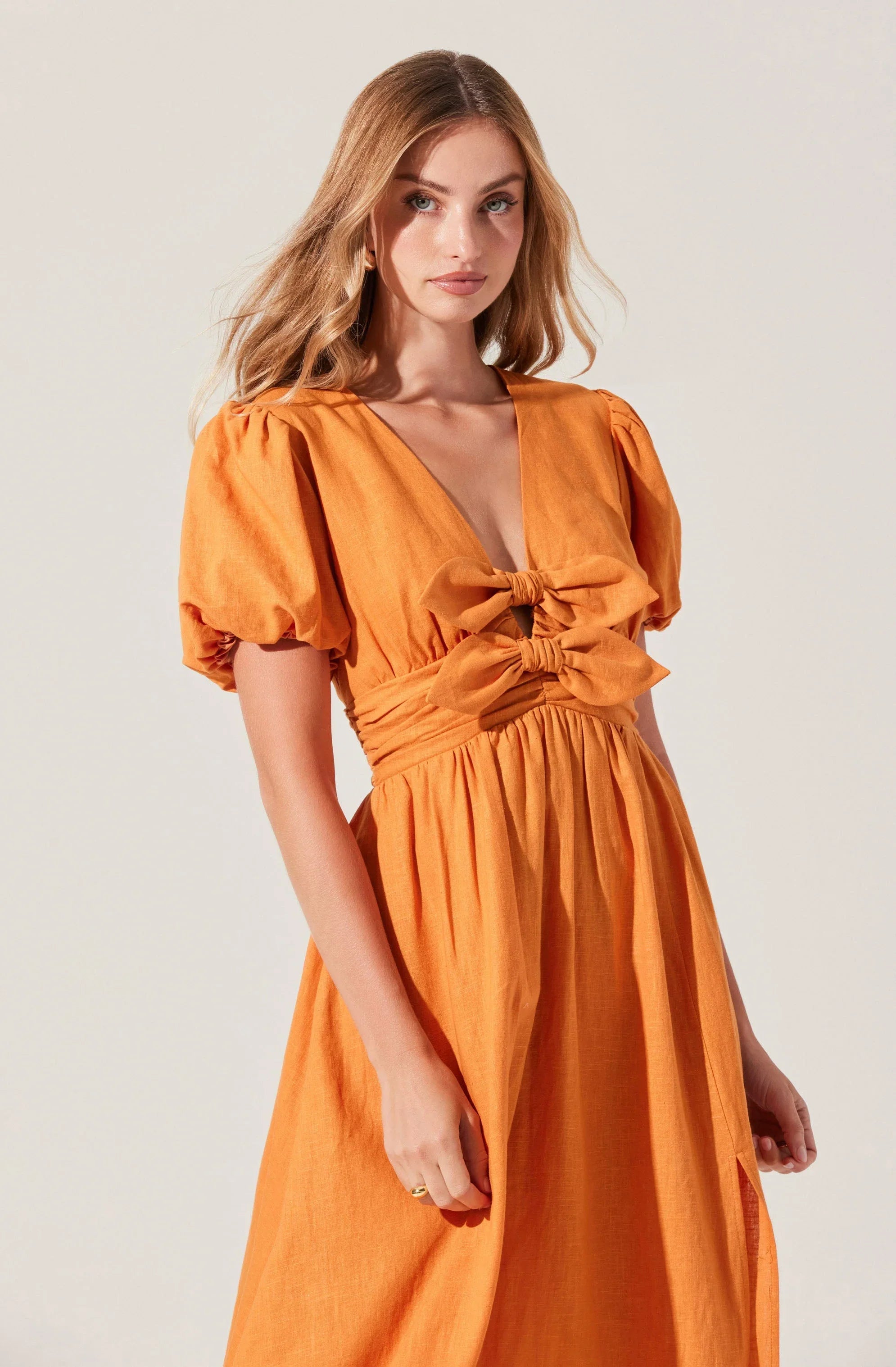 Lbruh Citrine Linen Bow Front Midi Dress