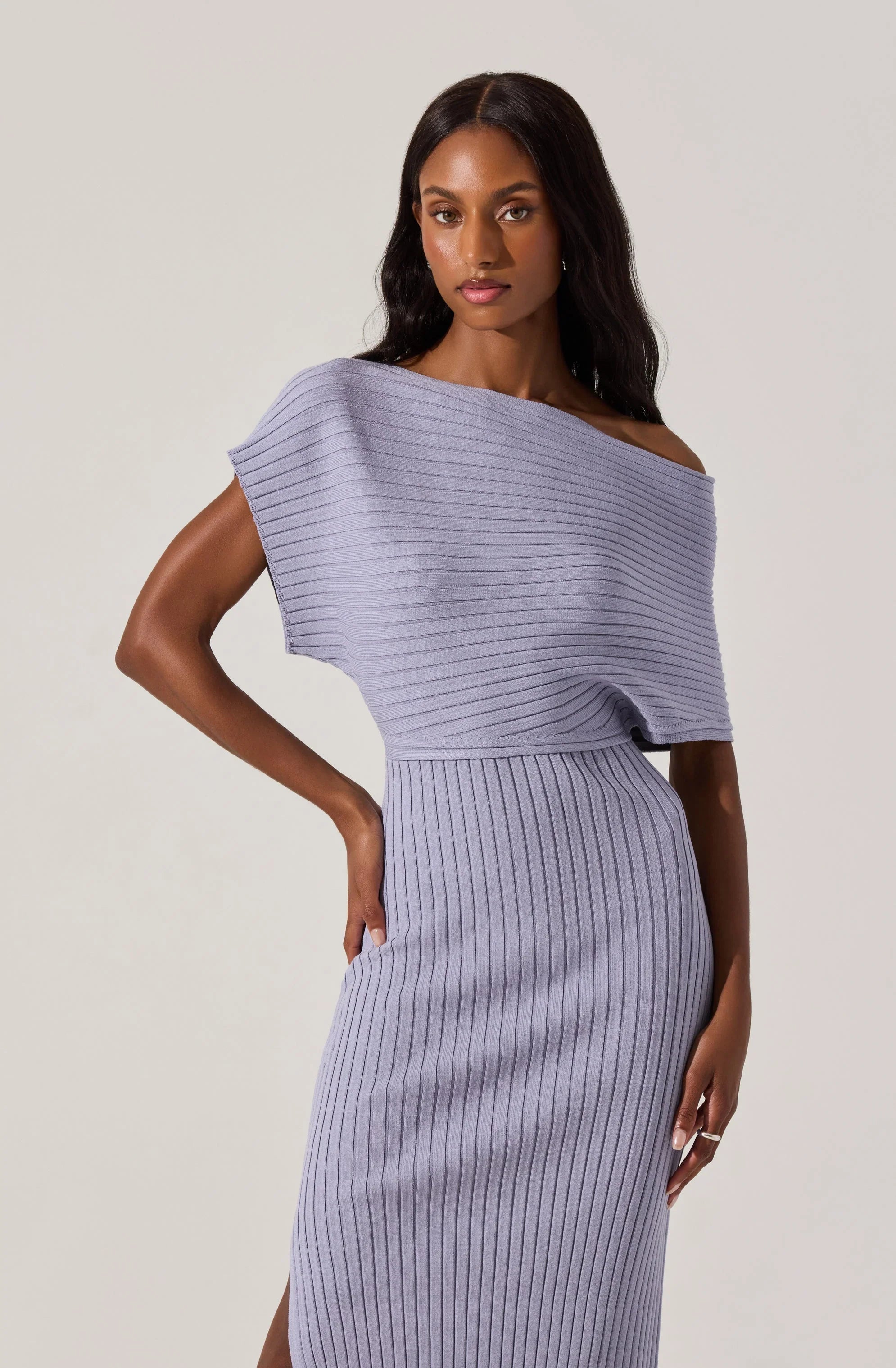 Lbruh Off Shoulder Ribbed Midi Sweater Dress