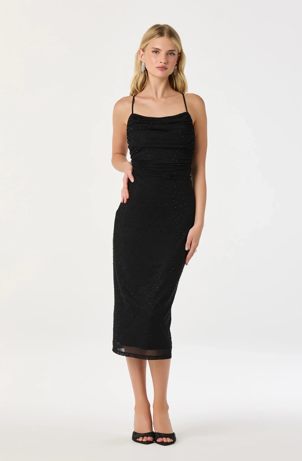 Lbruh Embellished Rhinestone Ruched Midi Dress