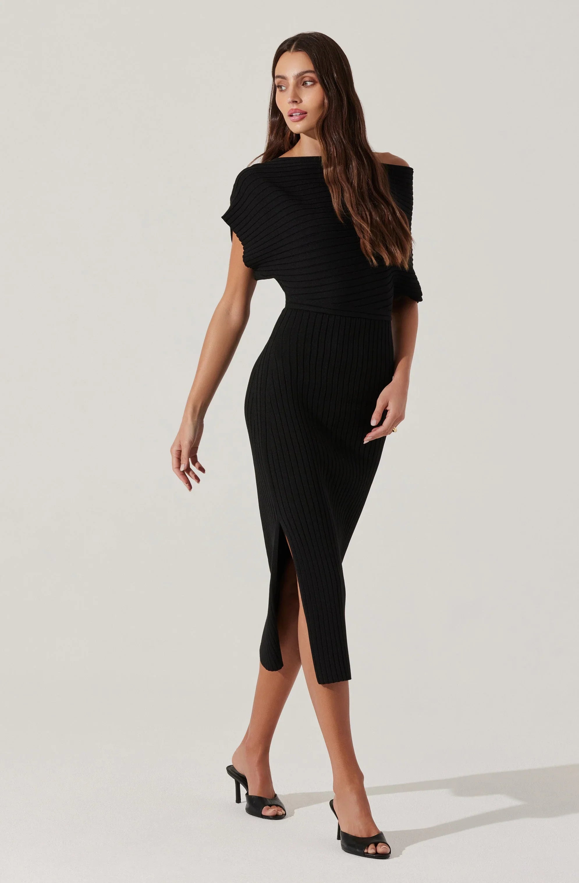 Lbruh Off Shoulder Ribbed Midi Sweater Dress