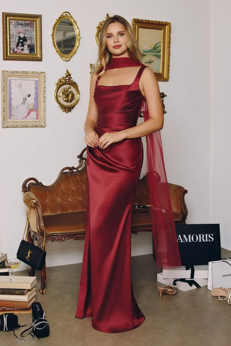 Toby Maxi - Satin Dress with Lace Up Back & Scarf