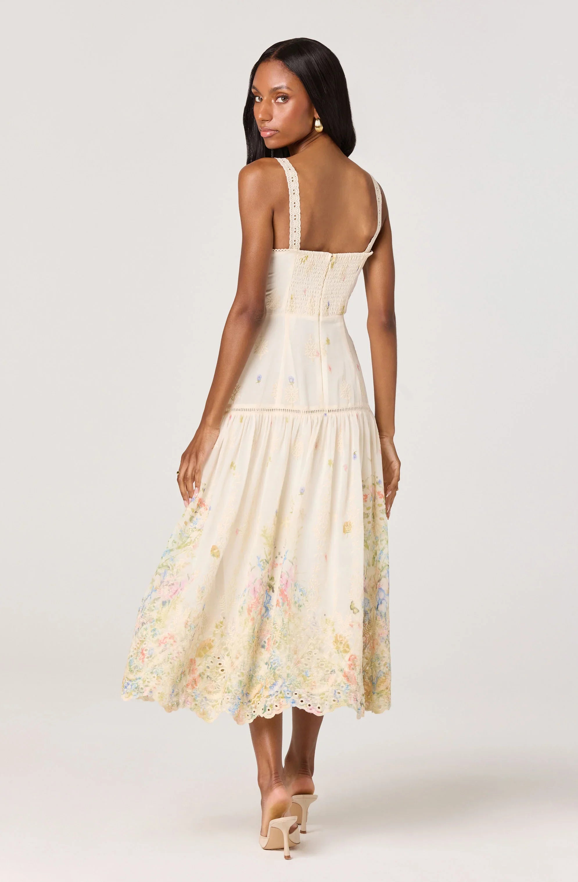 Inixyf Pellagia Embroidered Eyelet Tiered Midi Dress