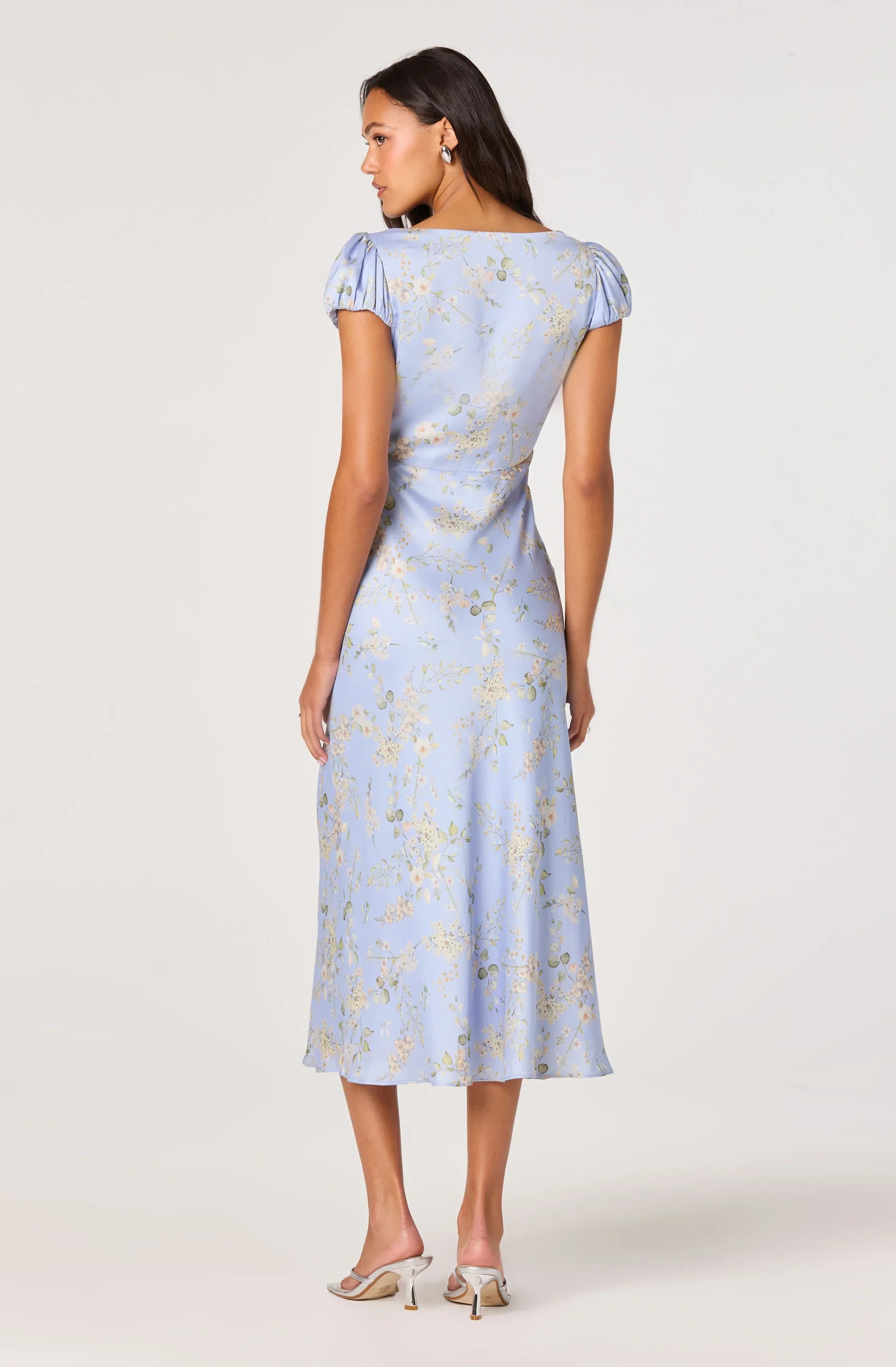 Inixyf Makaela Puff Sleeve Floral Satin Midi Dress