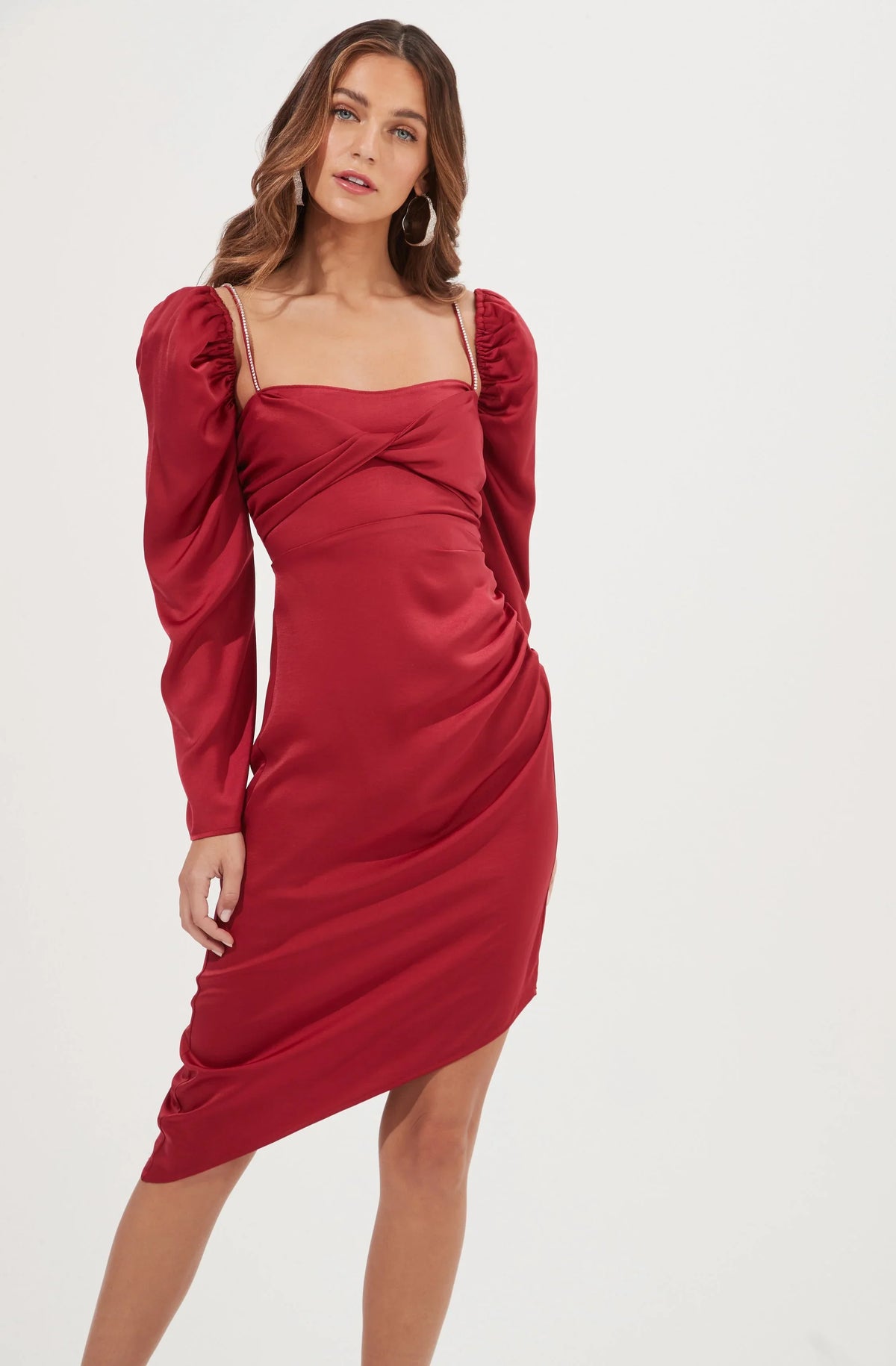 Lbruh Claudina Rhinestone Embellished Satin Long Sleeve Midi Dress