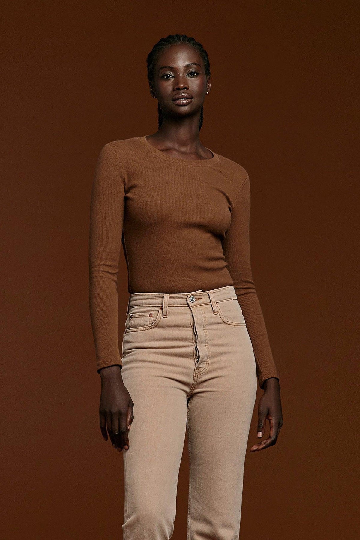 Long Sleeve Ribbed Crewneck Bodysuit | Chocolate