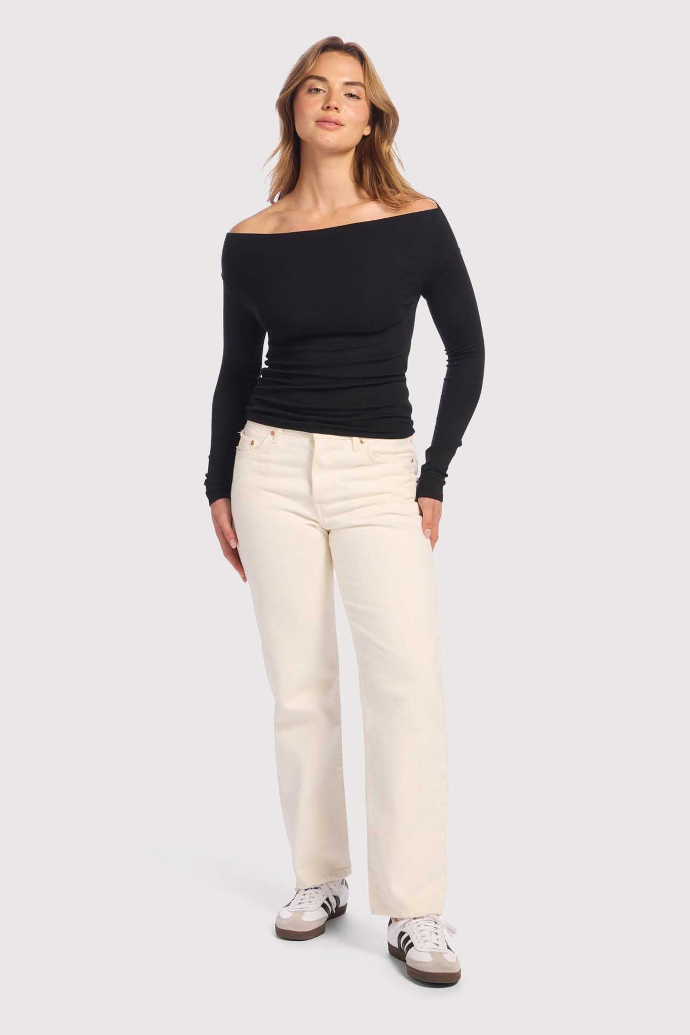 Slinky Rib Off-The-Shoulder Shirt | Black