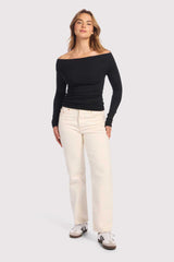 Slinky Rib Off-The-Shoulder Shirt | Black