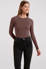 Cotton Stretch Long Sleeve Crewneck Bodysuit | Coffee
