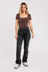 Cotton Stretch Short Sleeve Square Neck Bodysuit | Coffee