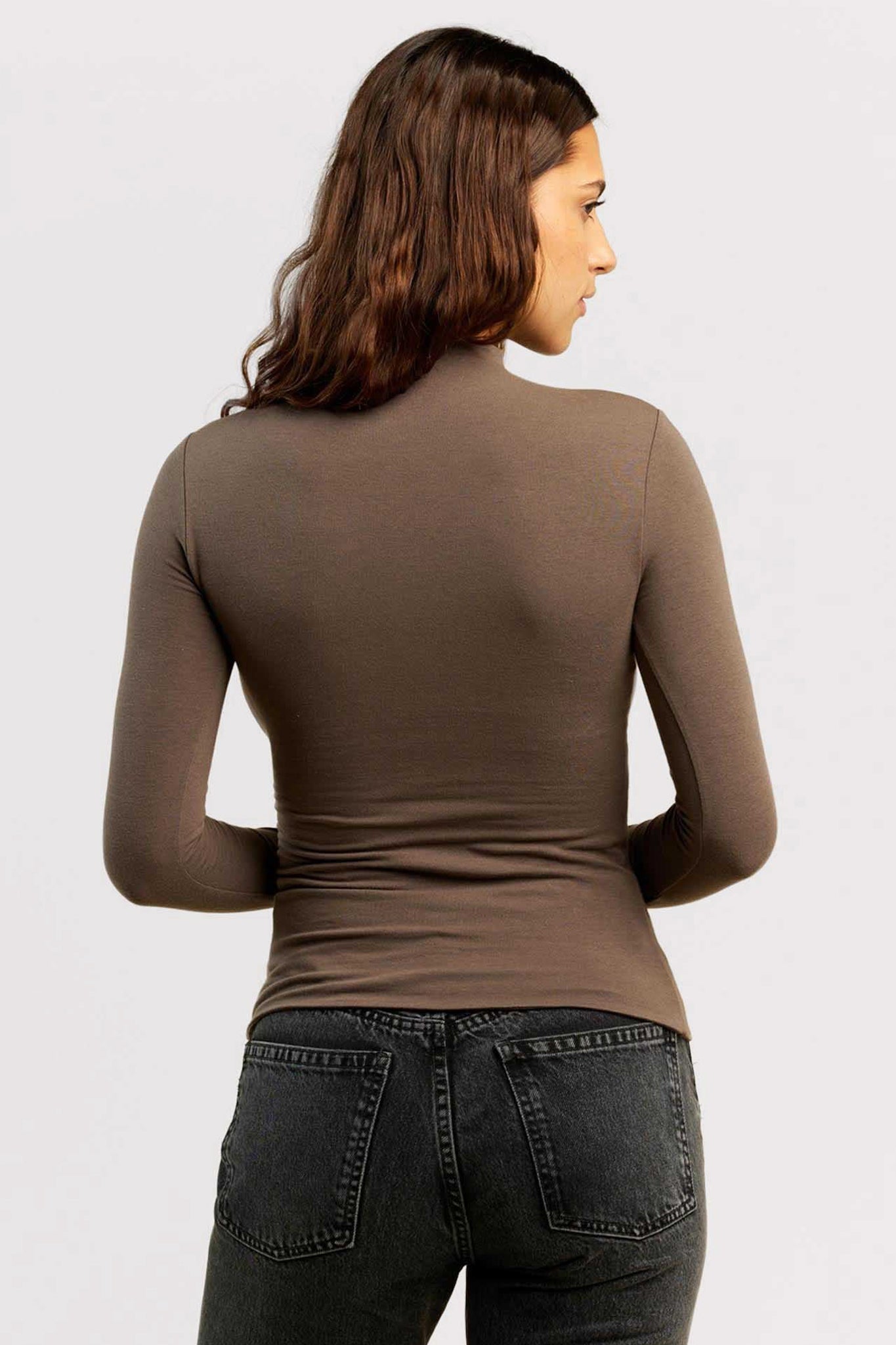 Cotton Stretch Long Sleeve Mock Neck Shirt | Mocha